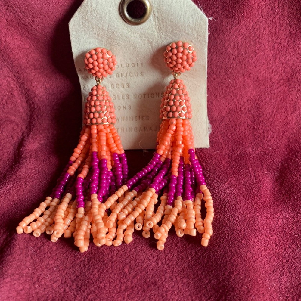 Anthropologie beaded earrings coral peach and magenta. 3 inches long